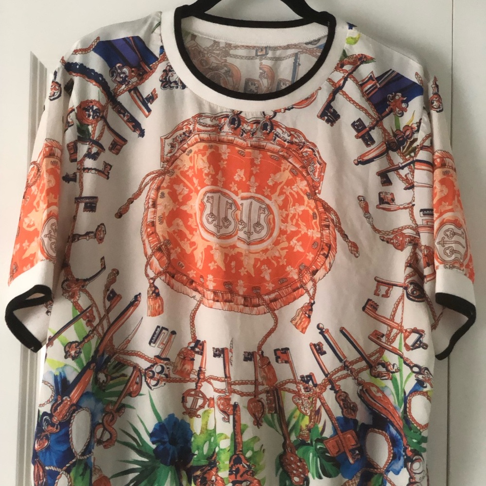 Blouse silk Print Tee - Orange, Blue, Green